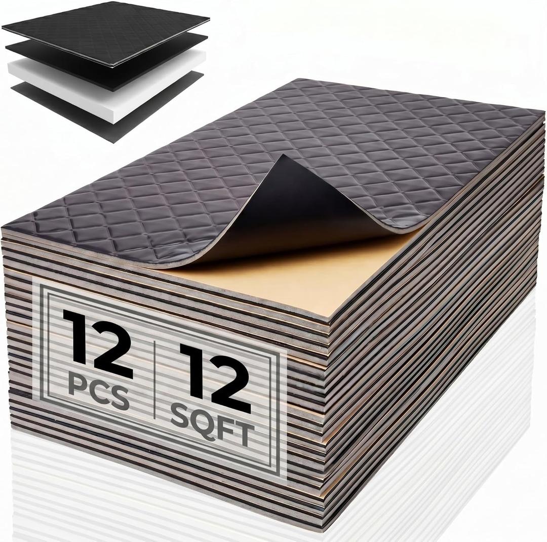 12 Pcs 4-Layer 200 Mil Car Sound Deadening Mat, 5 mm 12.9 Sqft Automotive Butyl Insulation Sheets with Embossed Aluminum Foil, Nbr Foam, Self-Adhesive Heat Shield for Door Floor Hood, Black