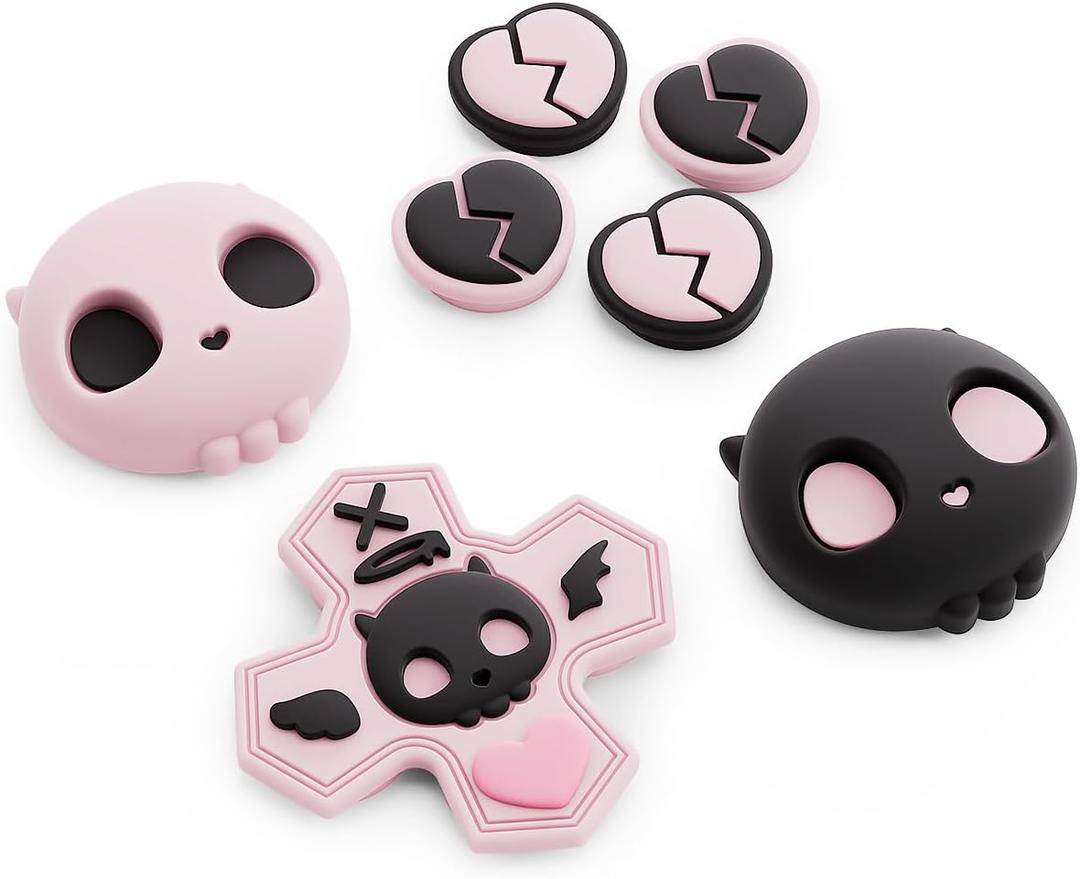 GeekShare Skull D-Pad Button Caps Silicone Thumb Grips Set, ABXY Key Buttons Sticker Joystick Cover Caps Compatible with Switch 2, Pink & Black