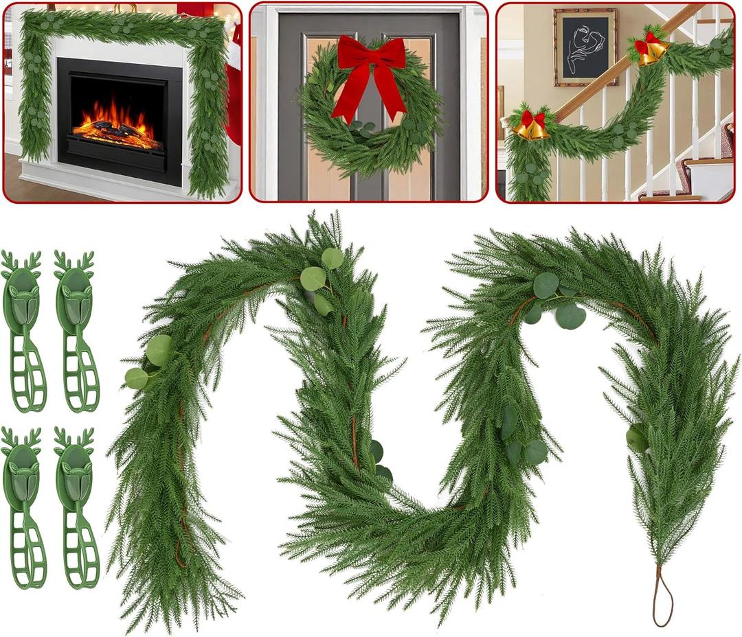 Christmas Garland Mixed with Eucalyptus,9FT Artificial Realistic Norfolk Pine Garland,Real Touch Cedar Pine Thick Greenery Faux Garland for Xmas Mantle,Stairs,Window,Fireplace(1, with 4 Ties)
