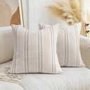 AELS 18x18 Decorative Farmhouse Linen Throw Pillow Covers, Boho Textured Pillow Case, Set of 2, Beige with White & Gray Stitch Yarn Dyed Stripe Cushion Cover for Sofa Couch Living Room (Cover ONLY)