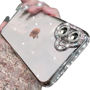 Clear Glitter Case for iPhone 17,Cute Luxury Bling Sparkly Diamond Rhinestones with Camera Lens Protector Soft TPU Plating Bumper Slim Transparent Women Girls Case for iPhone 17 6.3" (Silver)