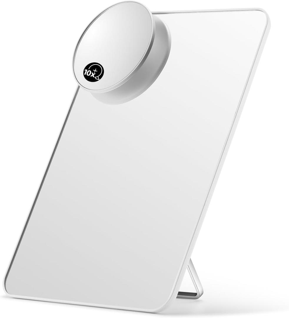 OMIRO Desk Makeup Mirror with 10X Magnifying Mirror, 10 x 7 inches Large Table Mirror with Adjustable Stand and Hanging Hole for Shaving and Travelling, White