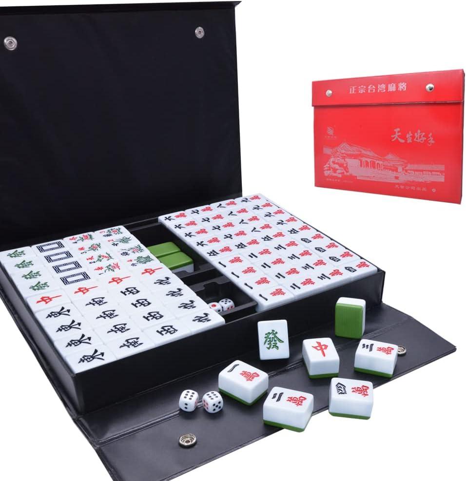 drizzle Chinese Mahjong Game Set - 146 Medium Size Tiles 1.3inch with Instructions - Professional Mah Jong Play Green []