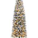 6 Ft Pre Lit Flocked Pencil Christmas Tree Artificial Tall Slim Christmas Tree Skinny Xmas Tree with 216 Led Lights & 550 Branch Tips, Prelit Christmas Tree for Indoor Outdoor Yard Decorations