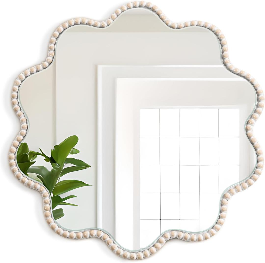 Wall Mirror, Farmhouse Round Mirror with Beads Wavy Frame Hanging Circle Boho Wall Decor for Living Room Entryway Bathroom Over Sink Hallway, 15x15 Inch