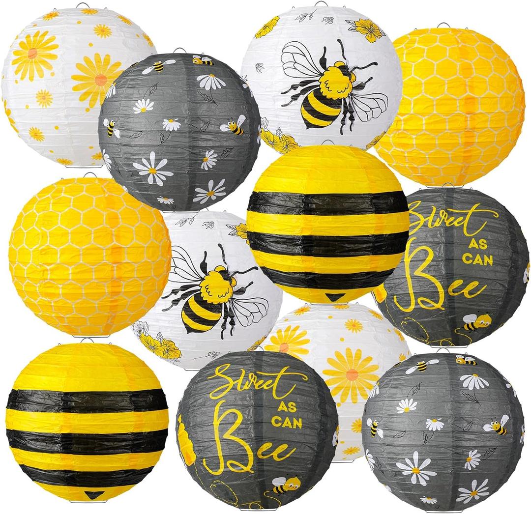 Panelee 12 Pcs Bee Paper Lanterns Party Decorations 8 Inch Hanging Round Hanging Paper Party Decorations for Holiday Indoor Outdoor Supplies
