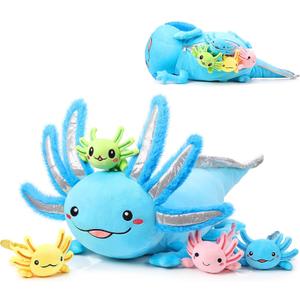 Aoriher 5 Pcs Axolotl Plush Set 24 Inch Mommy Axolotl Stuffed Animal with 4 Cute Plush Babies in Belly Soft Cuddly Plushie for Kids Sleeping Birthday Graduation Valentine Gift Party Favors (Blue)