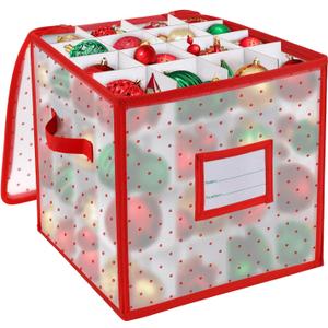 BINSUNS Christmas Ornament Storage Box, Christmas Storage Containers Organizer Bag with Dividers - Fits up to 64 Holiday Xmas Ornaments Decorations 3" Seasons Balls(Red)
