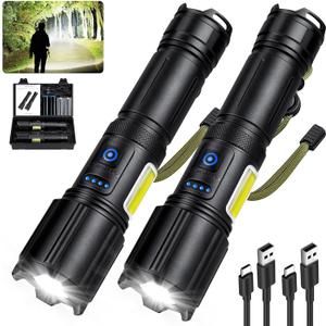 Rechargeable Flashlights High Lumens 2 Pack, Super Bright Flashlight Led Flash Light, 7 Modes with COB Work Light, IPX6 Waterproof for Outdoor Camping Hiking