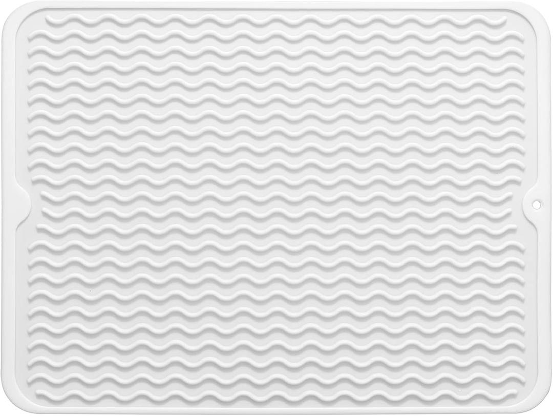 Silicone Dish Drying Mat for Multiple Usage, Easy clean, Eco-friendly, Heat-resistant Silicone Mat for Kitchen Counter or Sink, Refrigerator or drawer liner White L 16 inches x 12 inches