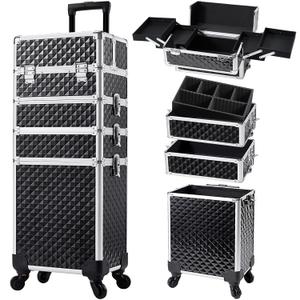 Stagiant Rolling Makeup Case Cosmetology Case on Wheels 4 in 1 Large Cosmetic Organizer Train Case Makeup Travel Case with Key Swivel Wheels Nail Artist Salon Storage Traveling Cart Trunk Black