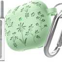 DamonLight Flora Engraved Case for AirPods 4 Cover Shock-Proof Protective Soft Silicone Case with Keychain for Apple Airpods 4th Generation 2024 Released (Grass Green)