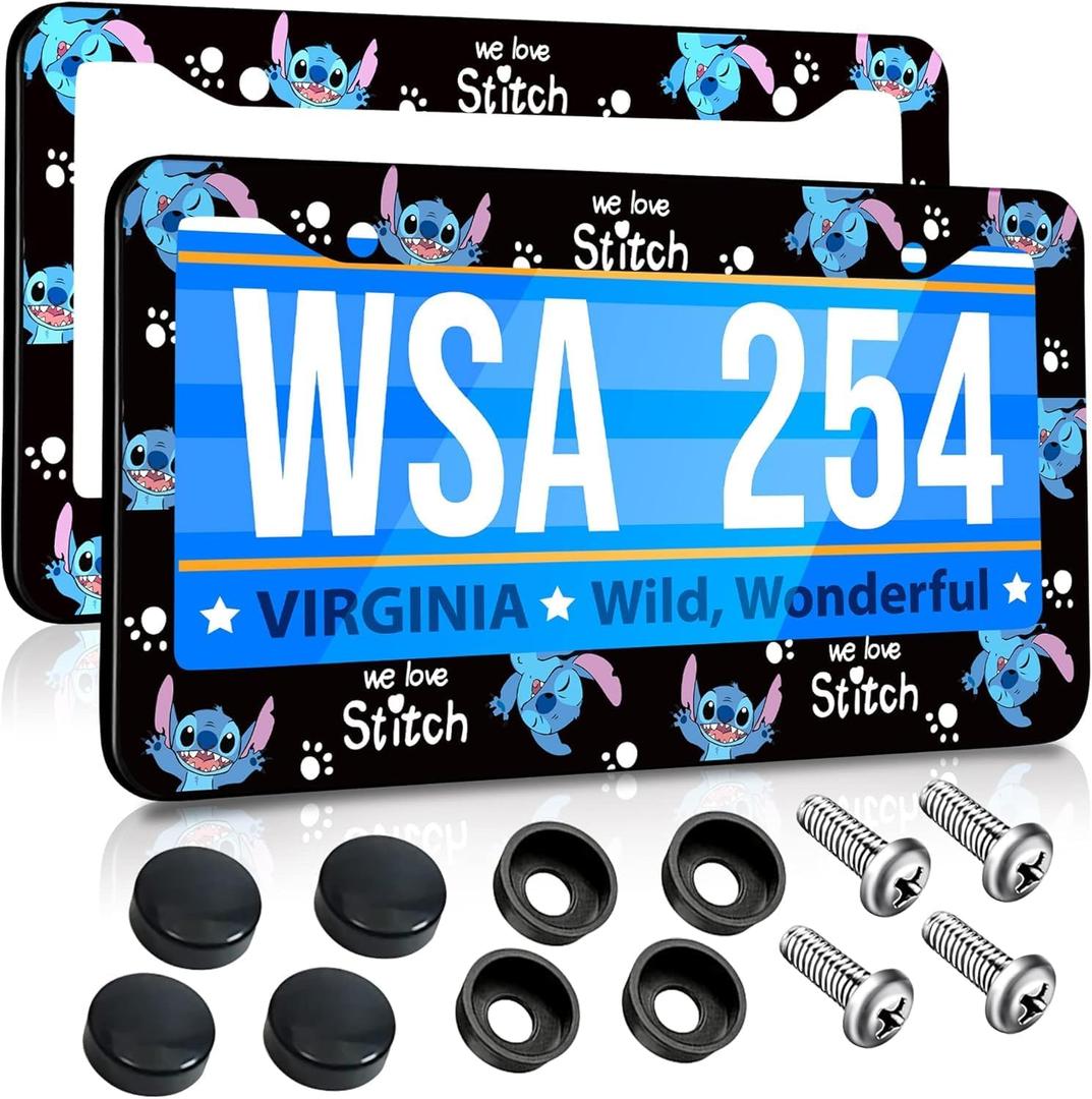 Akkya License Plate Frames 2 Pack for Women Men Car Plate Holder Cover Cute Cartoon Blue Metal Tag Frame Stainless Steel Car Front Rear Plate Decor