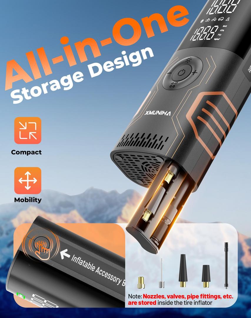 Tire Inflator Portable Air Compressor - Smart APP Control Bike Pump, All-in-One Storage Air Pump for Car Tires, 150PSI Tire Pump with Digital Gauge, Cordless Pump for Car, Motorcycles, Bikes, Balls