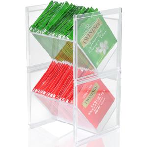 Caylielam 2Pcs Tea Bag Storage Organizer, Stackable Clear Plastic Tea Holder and Coffee Pod Containers, Sugar Creamer Box for Drawer Countertop Cabinet Coffee Station, 4.6”Lx4.0”Wx4.3”H
