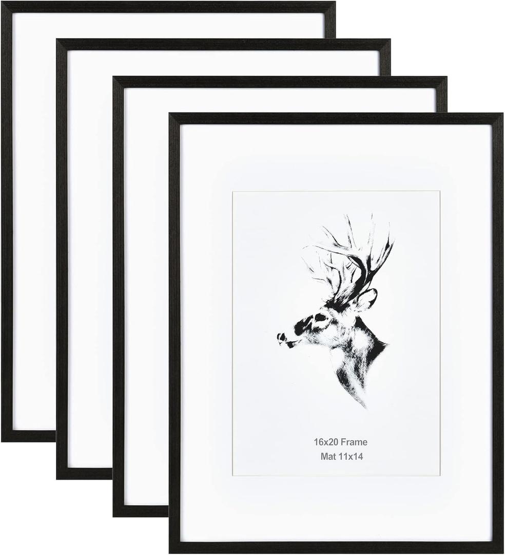 Yaetm 16x20 Frame Matted to 11x14 Set of 4, Solid Wood Black Picture Frame 16x20 for Photos, Posters & Art Prints, Wall Gallery for Horizontal and Vertical Wall Mount (4 pack, Black)