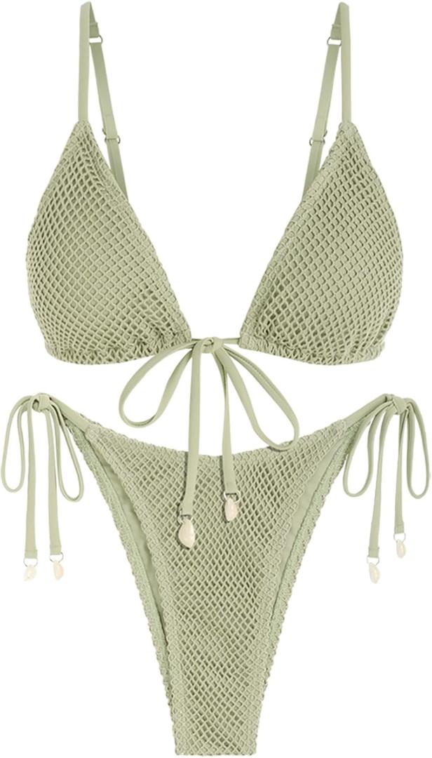 ZAFUL Women Triangle String Two Piece Bikini Fishnet Mesh Tie Shell Decor Tanga 2 Piece Swimsuit (Large, 1-light Green)