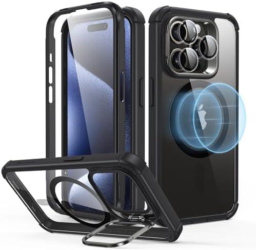 ESR for iPhone 15 Pro Case with Stand, Compatible with MagSafe, Full-Body Military-Grade Drop Proof Case with Built-in 9H+ Tempered Glass Screen Protector, Armor Series, Clear Black
