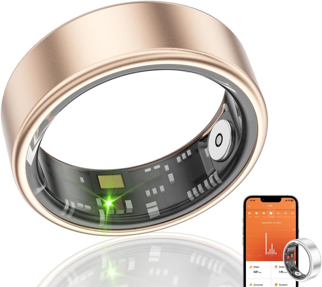 Smart Ring Health Fitness Tracker, Size First with Sizing Kit, Activity & Sleep Tracker/Stress/Heart Rate Monitor, Waterproof Smart Ring for Men/Women, No App Subscription (Golden, 12)