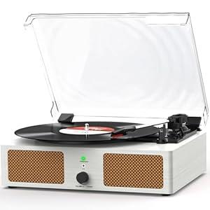 Vinyl Record Player with Built-in Speakers and USB, Belt-Driven Bluetooth Turntable with 3 Speed AUX Input Headphone Jack and RCA Output Vintage Wooden White