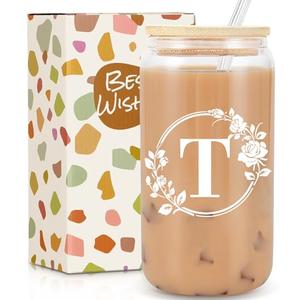 Birthday Gifts for Women, Monogrammed Initial Glass Cup Personalized Gifts for Women, 16oz Glass Cups with Lids and Straws, Iced Coffee Cup, Beer Can Shaped Glass - Gifts for Christmas, Birthday, T