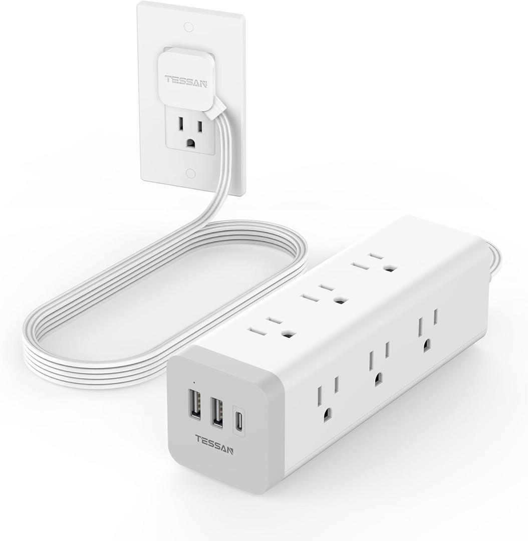 Surge Protector Power Strip with USB, TESSAN Ultra Thin Flat Plug 6 FT Extension Cord with 9 Outlets 3 USB(1 USB C), 1050 J Surge Protector Charging Station for Indoor,Office, Dorm Room Essentials (White)