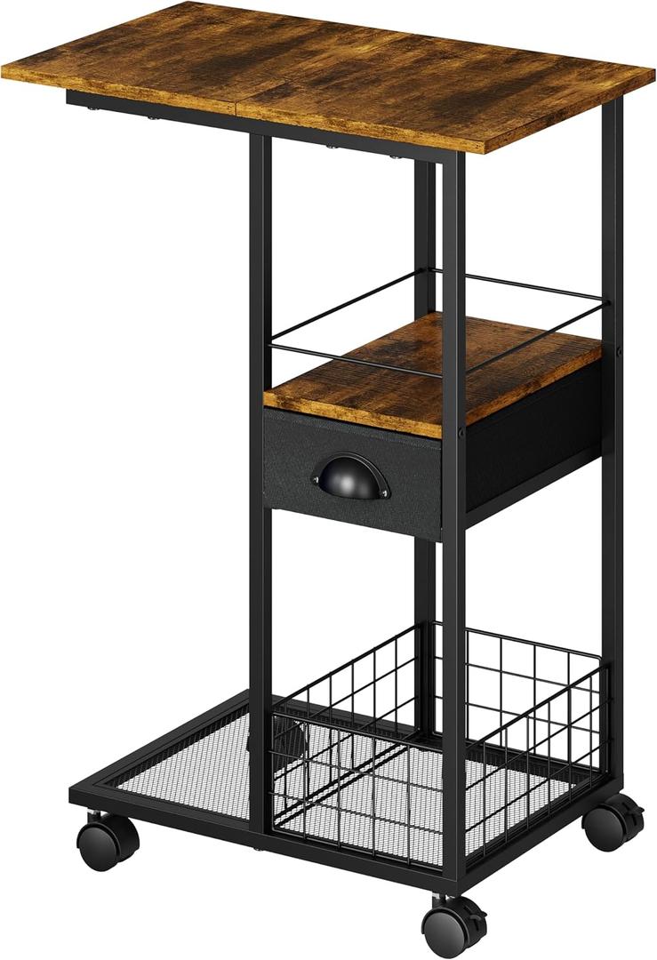 C Shaped Sofa Side Table with Wheels, Rolling Small Coffee Table with Drawer, Portable TV Tray Table for Couch, Bedside Table with Storage, Narrow Nightstand for Bedroom, End Tables Living Room (Black, Large (With Drawer & Wheels))