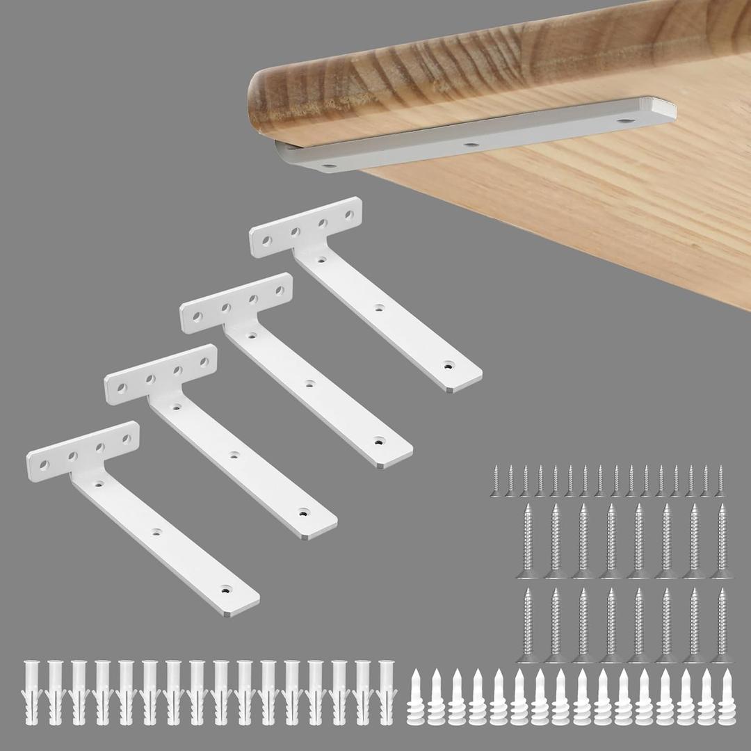 Alise White Shelf Brackets 8 Inch,Heavy Duty Floating Shelf Bracket Mounting Brackets,Hidden L Brackets for Shelves,Metal Decorative Shelf Brackets Wall Shelf Supports Brackets DIY,Pack of 4