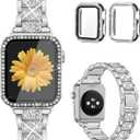 Mesime Compatible for Apple Watch Band with Screen Protector Case, Jewelry Replacement Bands 45mm 2 Pack Protective Cover for iWatch Series 9/8/7 Women (Silver)