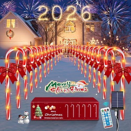 HELESIN 24 Pack 144 LED Christmas Solar Candy Cane Pathway Lights Outdoor Christmas Candy Cane Lights, 8 Modes Timer Remote, Solar & USB Charging Christmas Light Waterproof for Patio Garden Pathway