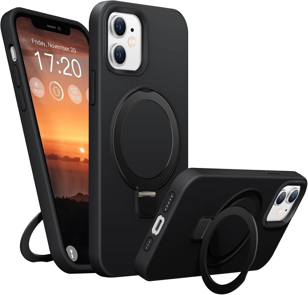 Soft Liquid Silicone Case for iPhone 12/12 Pro with Magnetic Invisible Stand, Military Grade Shockproof Protection, Anti-Scratch Microfiber Lining Covers for iPhone 12/12 Pro, Black