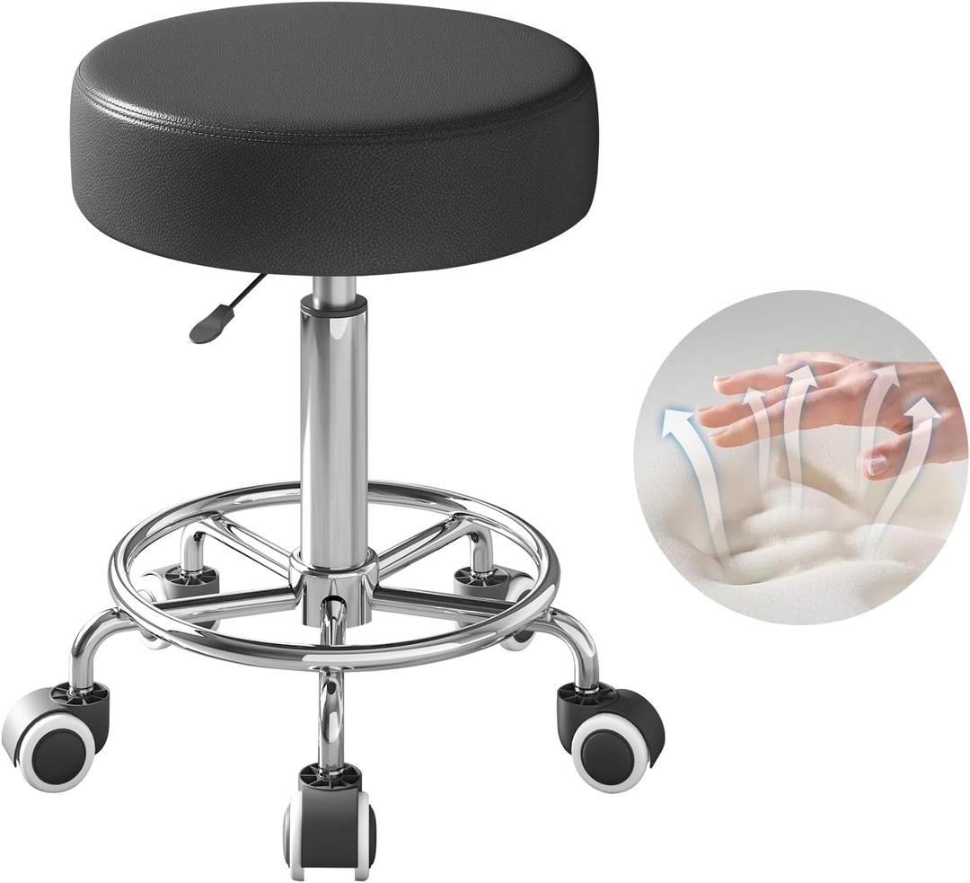 Rolling Stool, Heavy Weight Capacity 250lb, PU Leather Rolling stools, Ultra Soft Padded Seat, Rolling Stools with Wheels and Footrest, 360 Swivel, Spa Drawing Salon Work Office Tattoo Stool (black)