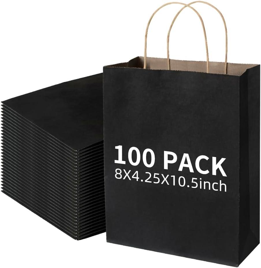 Klean & Conwenice Paper Gift Bags with Handles, 8x4.25x10.5 100Pcs Black Bags Bulk, Medium Size Kraft Paper Bags, Wedding Gift Bag, Goody Party Favor, Retail Merchandise, Grocery Shopping