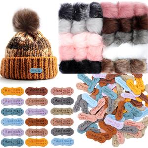 Cinnvoice 30 Pcs Faux Fur Pom Poms for Hats 4" with 100 Pcs Handmade Leather Tag Label Fluffy DIY Knitting Hat Pompoms with Elastic Loop Crochet Craft Accessories for Shoes Scarves Gloves Bag Keychain