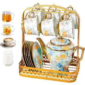 Porcelain Tea Set for Adults, 14Pcs European Ceramic Tea Set Flower Ceramic Tea Cups (6.7oz), Teapot (33.8oz), & Saucers with Metal Holder for Women Tea Party (Light Blue)