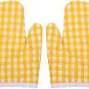 2Pcs Oven Mitts for Play Kitchen, Anti- Scald Gloves Microwave Oven Gloves Kitchen Mitts for Safe Baking Cooking (Yellow Checkered)