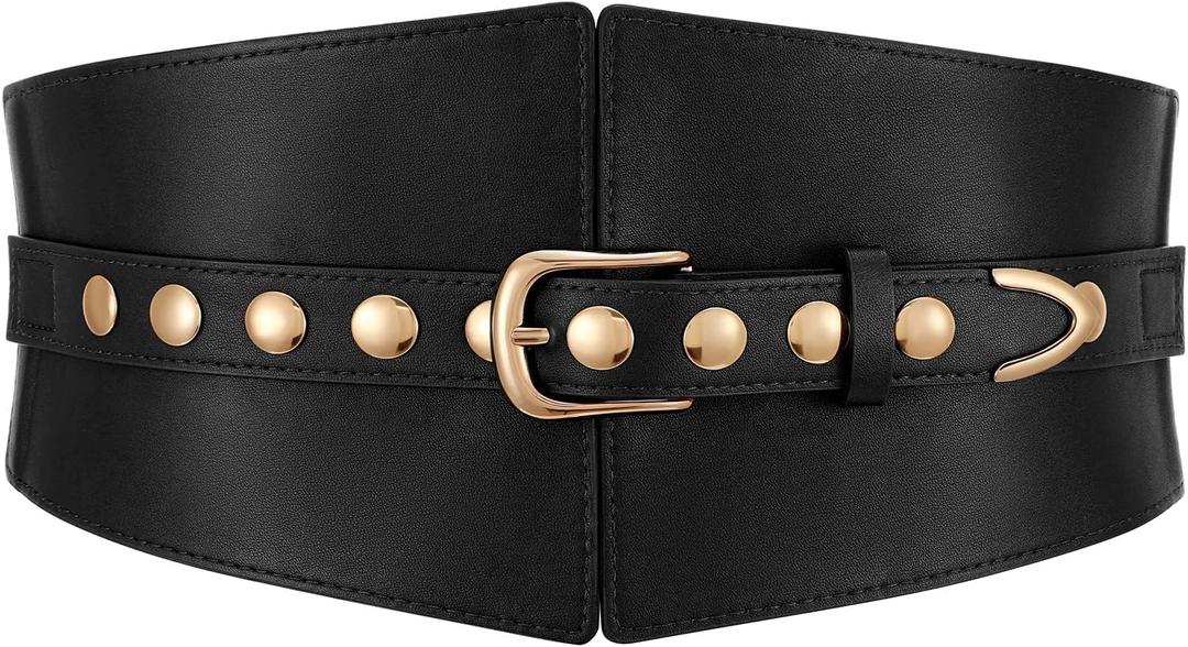 Wide Waist Belt Women Elastic Chunky Stretchy Elegance Belt with Gold Rivets Buckle for Daily Costume (Black)