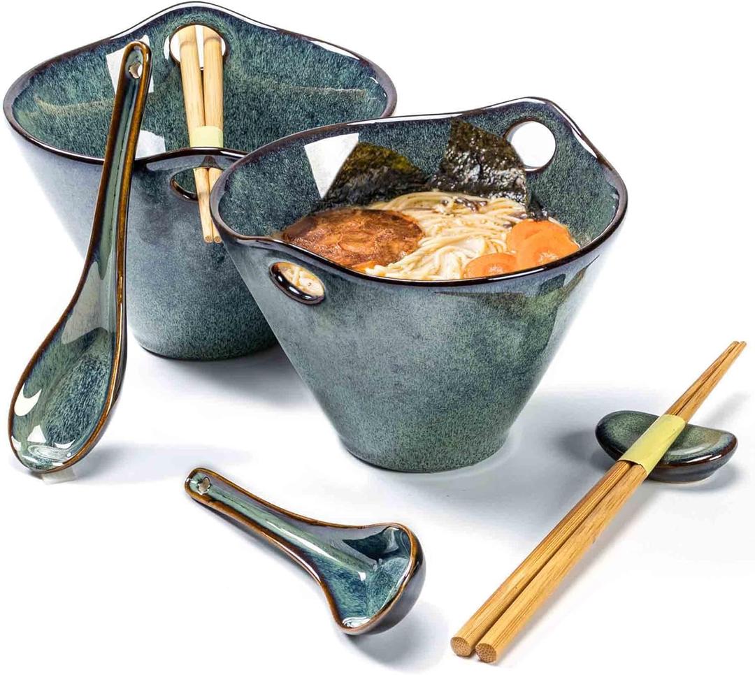 Henten Home 20 OZ Ramen Bowls Set, Ceramic Japanese Noodle Bowls Set of 2, Porcelain Deep Salad Bowl with Chopsticks for Udon, Reactive Glaze, Microwave Safe (Teal) (Green)