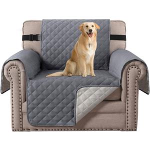 H.VERSAILTEX Reversible Quilted Chair Cover, Water Resistant Chair Slipcover Furniture Protector, Washable Chair Couch Cover with Elastic Strap for Kids, Dogs, Pets(Armchair, Grey/Beige)