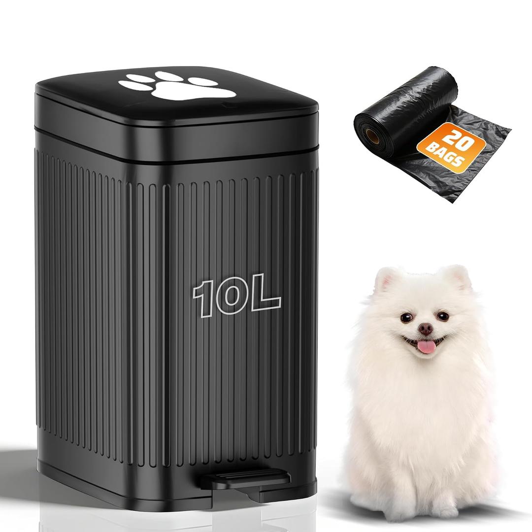 Dog Poop Trash Can Outside, 2.7Gal Dog Waste Trash Can with Lid, Foot Pedal, Dog Waste Container with 20 Bags, Pet Poop Bucket with Soft Close for Backyard Odor Control, Black
