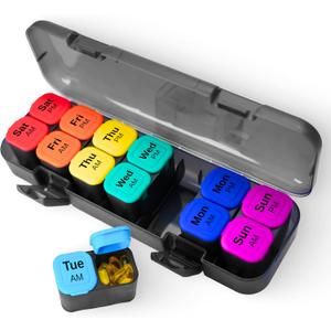 7 Day AM PM Pill Organizer  2 Times a Day Weekly Medicine Box with 14 Removable Compartments  Easy-Open, Moisture-Proof Case for Daily Meds, Vitamins & Supplements  for Adults & Seniors