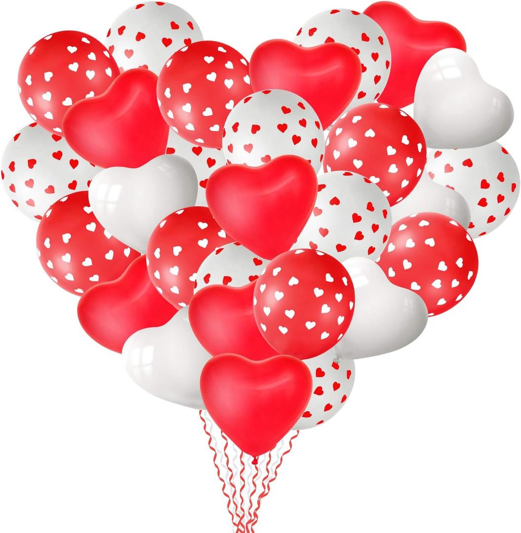 MIAHART 60 Pack Heart Balloons Decorations Kit for Valentine's Day, Wedding, Birthday Party, etc. 60 Pcs Heart Balloons, 4 Ribbons. Red, White. 12 Inch/30cm, 10 Inch/25cm. Latex. Unisex. All Ages.