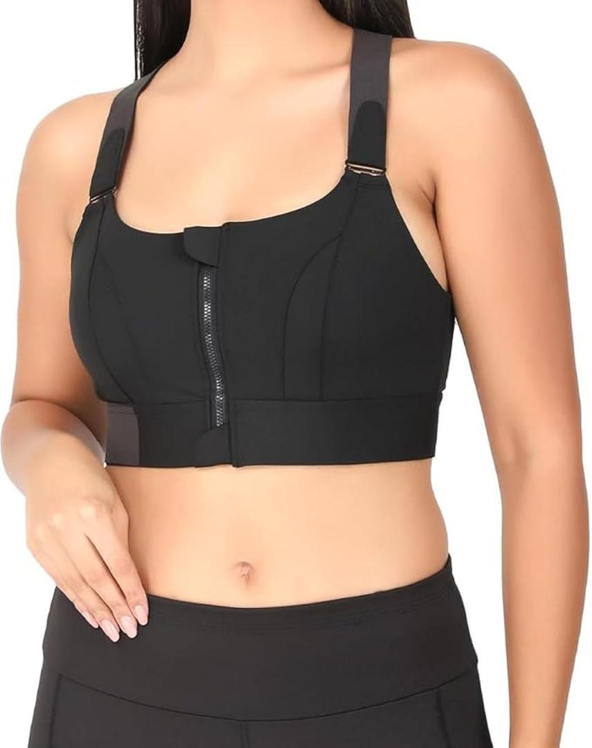 Women Polyester Spandex High Impact Front Zip Sports Bra with Adjustable Strap Longline Fitness Criss Cross Back (Black, XL)