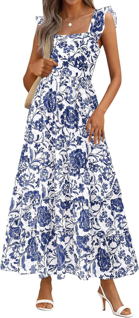 BTFBM Summer Dresses for Women 2026 Sleeveless Boho Floral Maxi Wedding Guest Dress Beach Vacation Clothes with Pockets (Medium, Floral White Blue)