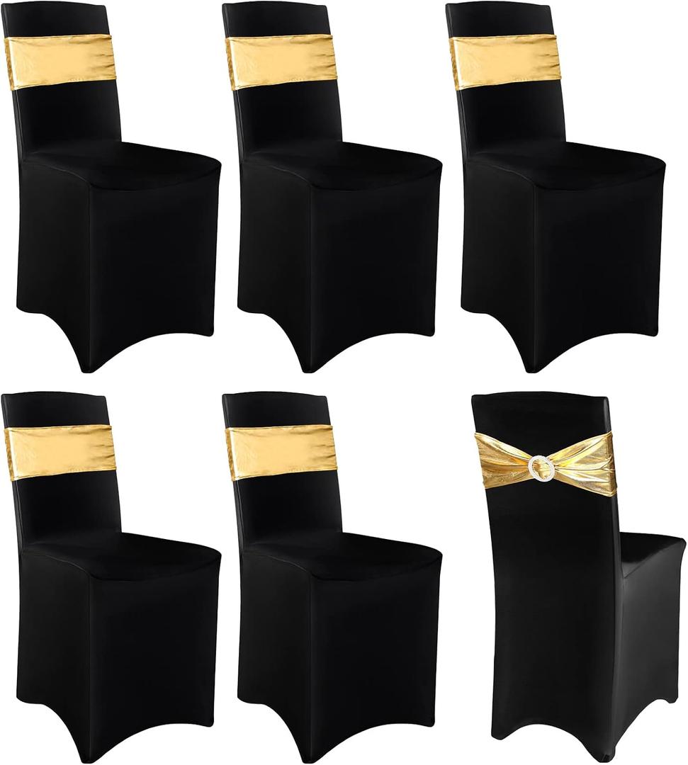 Frienda 12 Pieces Black Chair Cover Stretch Spandex Chair Slipcovers and Stretch Sash with Round Buckle for Graduation Prom Party Banquet Holidays Celebration (Black and Gold)