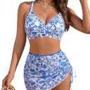Blooming Jelly Women's Bikini Sets Two Piece Swimsuits High Waisted Tummy Control Swim Skirt Scalloped Trim Bathing Suit 2025 Swim Suits (Blue Floral, Medium)