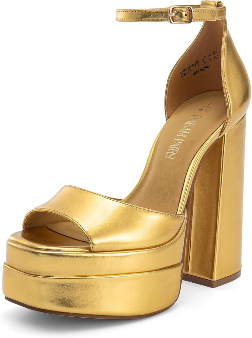 DREAM PAIRS High Heels Chunky Block Platform Heels for Women Ankle Strap Sexy Open Square Toe Heels Dressy Pumps Sandals, Size 6, Gold