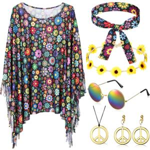 Hicarer 6 Pcs Hippie Costume Accessories Set Includes Headband Poncho Necklace Earrings Sunglasses for Women Girls, One size