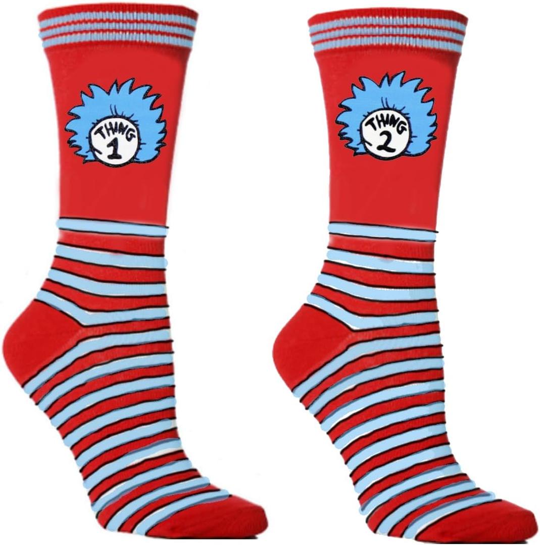 Funny Crazy Character Socks,Red and Blue Striped World Book Day Costume Socks Mid Calf Crew Sock,Cat Book Characters Costume Accessories for Womens Mens