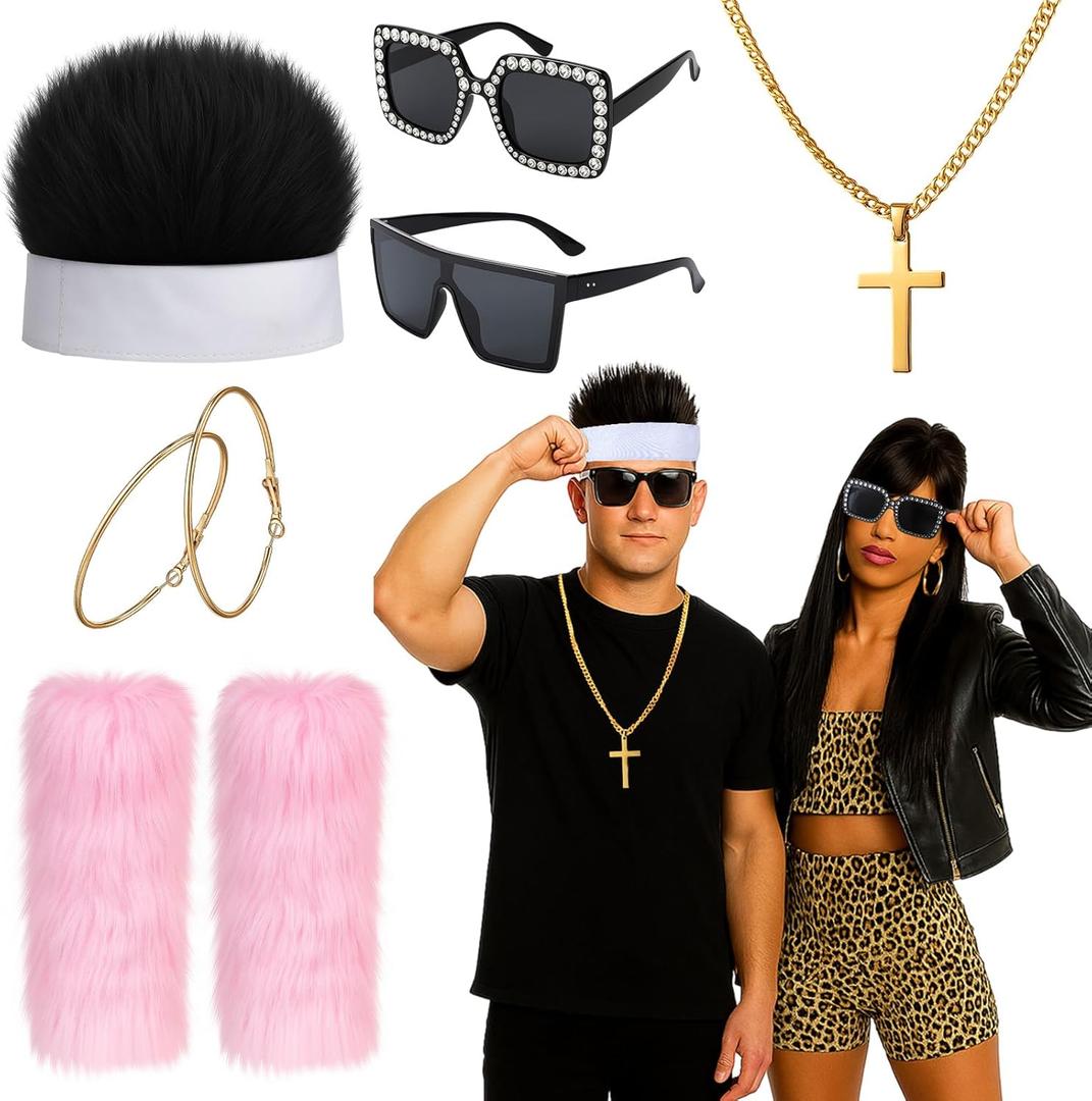 Ramede 6 Pcs Halloween Reality TV Couple Costume Accessories Include Novelty Hair Hats Gold Necklace Oversize Sunglasses Fur Leg Warmers and Earring for Women Men Nightclub Cosplay Party Outfits
